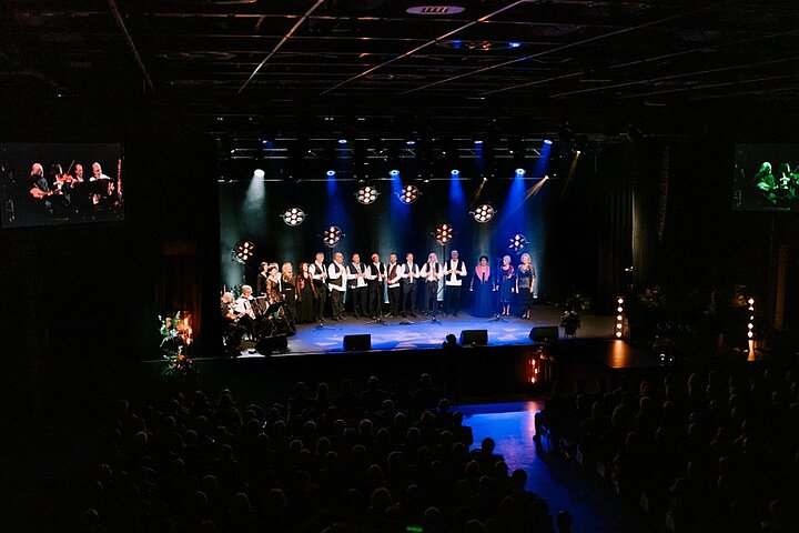 Zdjęcie przedstawia występ finałowy koncertu. Na scenie duża grupa arystów. 